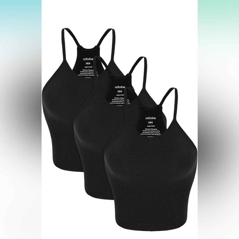 ODODOS Women's Crop 3-Pack Washed Seamless Rib-Knit Camisole Crop Tank Tops